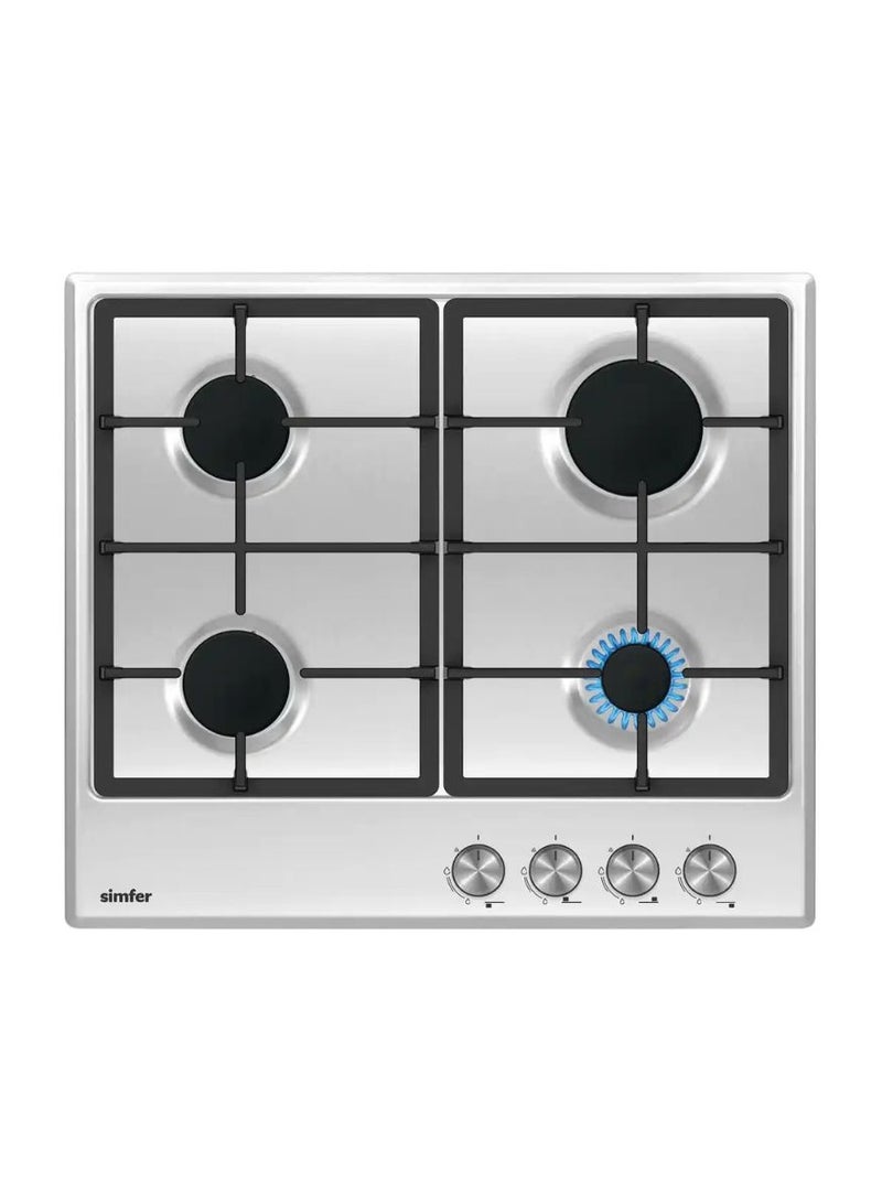 Gas Hob 60 cm | 4 Burner Built In Gas Cooktop | Stainless Steel Surface | Euro Pool Burners | FFD Safety System | Auto Ignition | Cast Iron Pan Support | Front Control Knobs | SMF6404BHG-SC