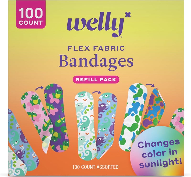 Welly Bandage Color Change Refill Pack | Adhesive Flexible Fabric Bandages | Assorted Shapes and Patterns for Minor Cuts, Scrapes, and Wounds - 100 Count