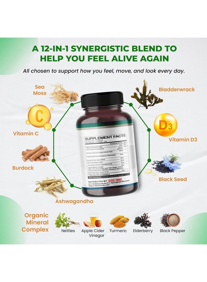 ULTRA HERBS كبسولات طحالب البحر العضوية مع زيت الحبة السوداء، أشواغاندا، جذر الأرقطيون، بلادر وراك لنظام المناعة، الأمعاء، البشرة والطاقة *صنع واختبار في الولايات المتحدة* (150 عدد (عبوة من 1)) - Image 3