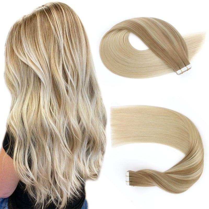Sassina Tape in Human Hair Extensions Real Human Hair Balayage Chestnut Brown to Platinum Blonde 50 Gram 20 Pcs Per Set Soft Natural Tape in Extensions 20 Inch B860