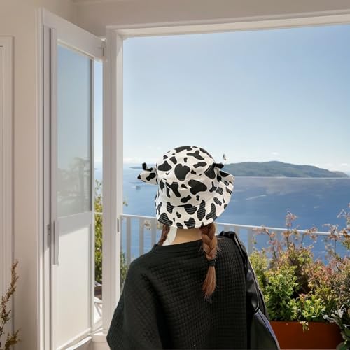 QANQIUPLE Cow Print Bucket Hat with Cute Horn Ears Cow Print Summer Beach Sun Hat Fisherman's Cow Bucket Hat (White) - Image 2