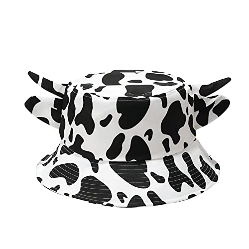 QANQIUPLE Cow Print Bucket Hat with Cute Horn Ears Cow Print Summer Beach Sun Hat Fisherman's Cow Bucket Hat (White) - Image 1