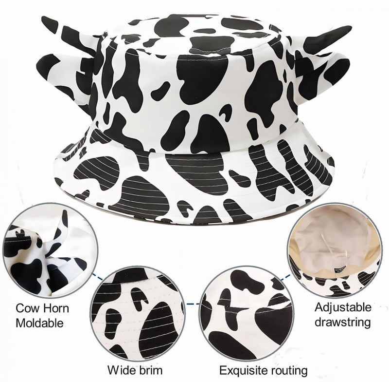 QANQIUPLE Cow Print Bucket Hat with Cute Horn Ears Cow Print Summer Beach Sun Hat Fisherman's Cow Bucket Hat (White) - Image 4