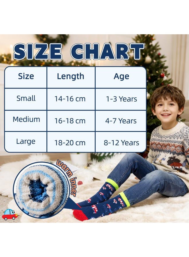 Eyean Kids Fuzzy Socks Non Slip Soft Fluffy Slipper Grips Socks Warm Plush Cozy Cabin Boy Girls Crew Socks 6 Pairs, Non Slip-car, 4-7 Years - Image 5