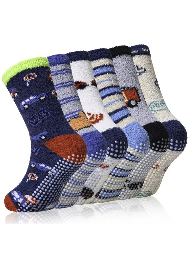 Eyean Kids Fuzzy Socks Non Slip Soft Fluffy Slipper Grips Socks Warm Plush Cozy Cabin Boy Girls Crew Socks 6 Pairs, Non Slip-car, 4-7 Years - Image 1