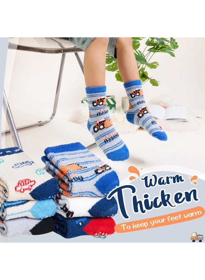 Eyean Kids Fuzzy Socks Non Slip Soft Fluffy Slipper Grips Socks Warm Plush Cozy Cabin Boy Girls Crew Socks 6 Pairs, Non Slip-car, 4-7 Years - Image 2