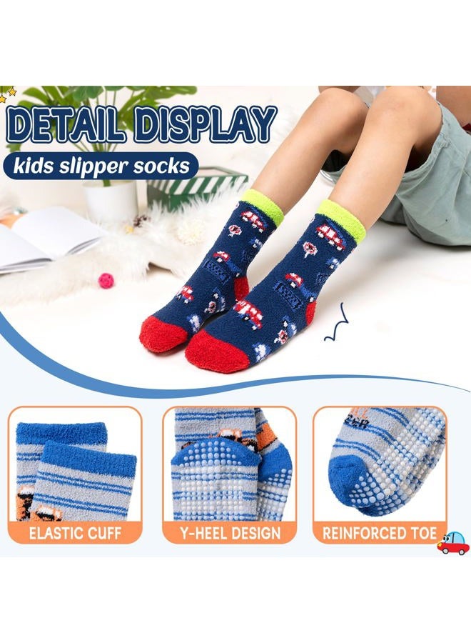 Eyean Kids Fuzzy Socks Non Slip Soft Fluffy Slipper Grips Socks Warm Plush Cozy Cabin Boy Girls Crew Socks 6 Pairs, Non Slip-car, 4-7 Years - Image 4