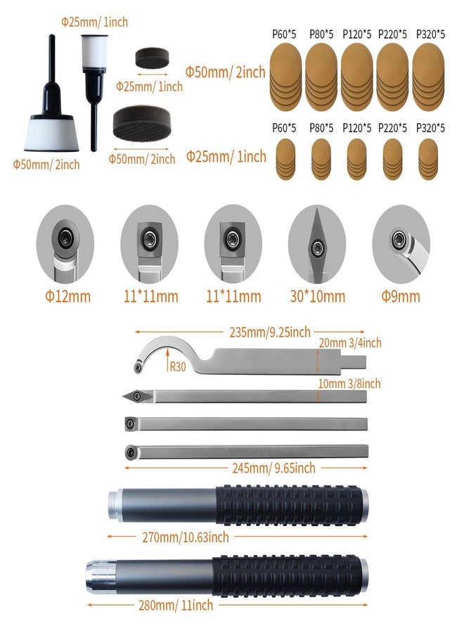 RUITOOL Carbide Wood Lathe Turning Tools Set with Bowl Sander, Including Swan Neck Hollower, Rougher, Finisher, Detailer, 1" & 2" Mandrels, Sandpapers and Aluminum Alloy Handles for Woodturning - Image 4