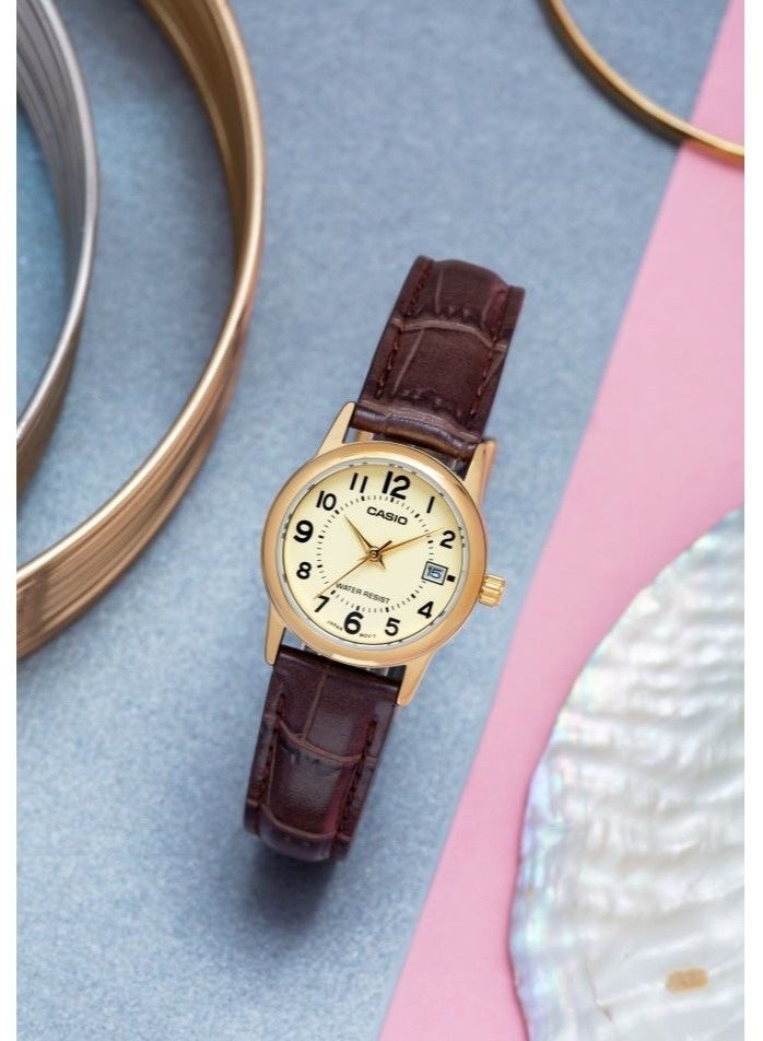 CASIO Analog Women’s Watch LTP‑V002GL‑9BUDF, 25 mm Champagne Dial, Stainless Steel Case & Brown Leather Band, Water Resistant - Image 2