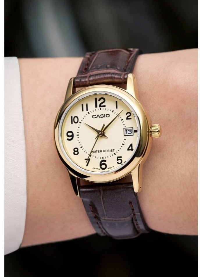 CASIO Analog Women’s Watch LTP‑V002GL‑9BUDF, 25 mm Champagne Dial, Stainless Steel Case & Brown Leather Band, Water Resistant - Image 1