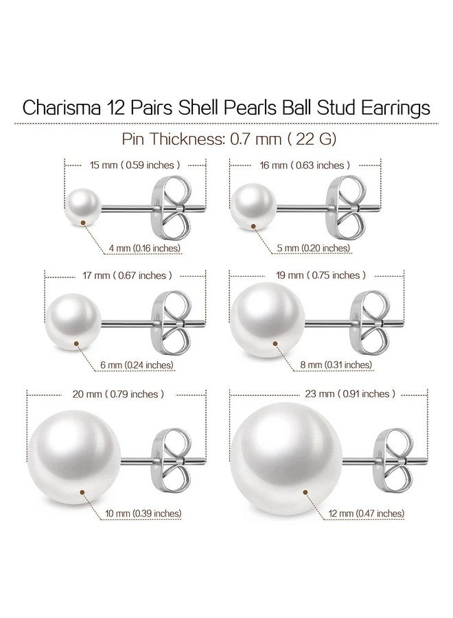 Charisma Charisma 4-12mm Composite Round Ball Pearls Stud Hypoallergenic 12 Pairs Mixed Sizes Imitation Pearl Stainless Steel Earrings Set for Girls Women - Image 4
