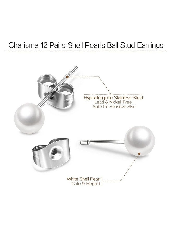 Charisma Charisma 4-12mm Composite Round Ball Pearls Stud Hypoallergenic 12 Pairs Mixed Sizes Imitation Pearl Stainless Steel Earrings Set for Girls Women - Image 3