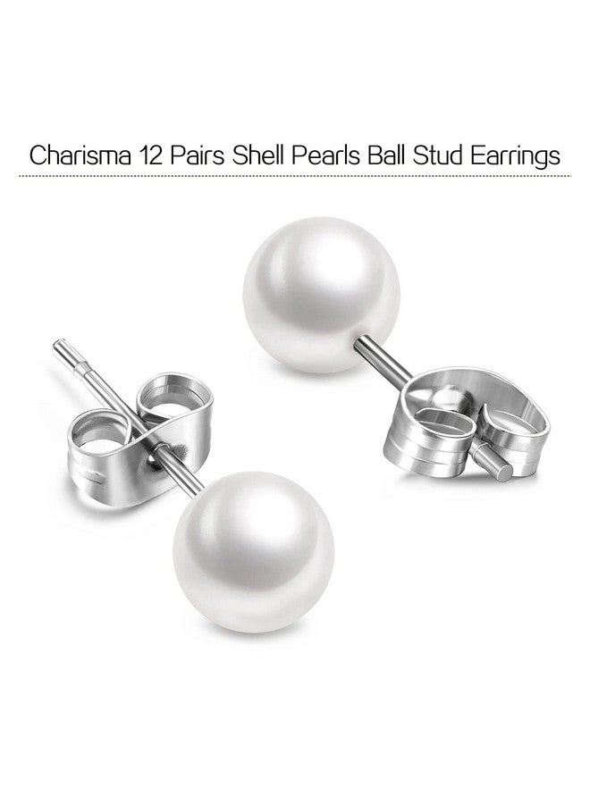 Charisma Charisma 4-12mm Composite Round Ball Pearls Stud Hypoallergenic 12 Pairs Mixed Sizes Imitation Pearl Stainless Steel Earrings Set for Girls Women - Image 2