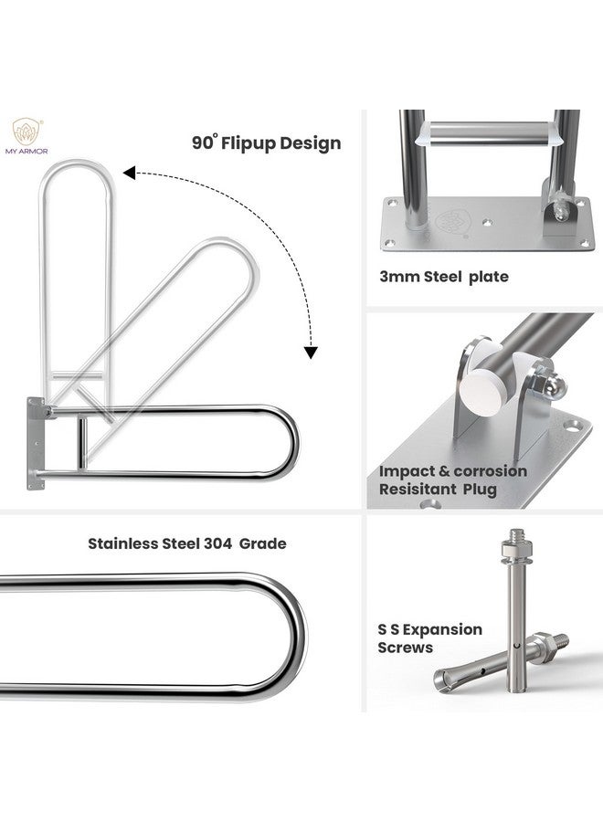 MY ARMOR SS 304 Heavy Duty Flip Up Grab Bar for Bathroom, Stainless Steel Toilet Handrails Safety Bar Hand Support, Bathroom Handle for Senior Citizens, 24 Inches Long - Image 2