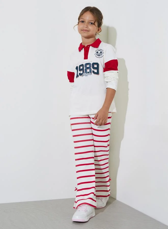 Styli Teen Girls Striped Ribbed Knit Flare Leggings with Side Bow Slits