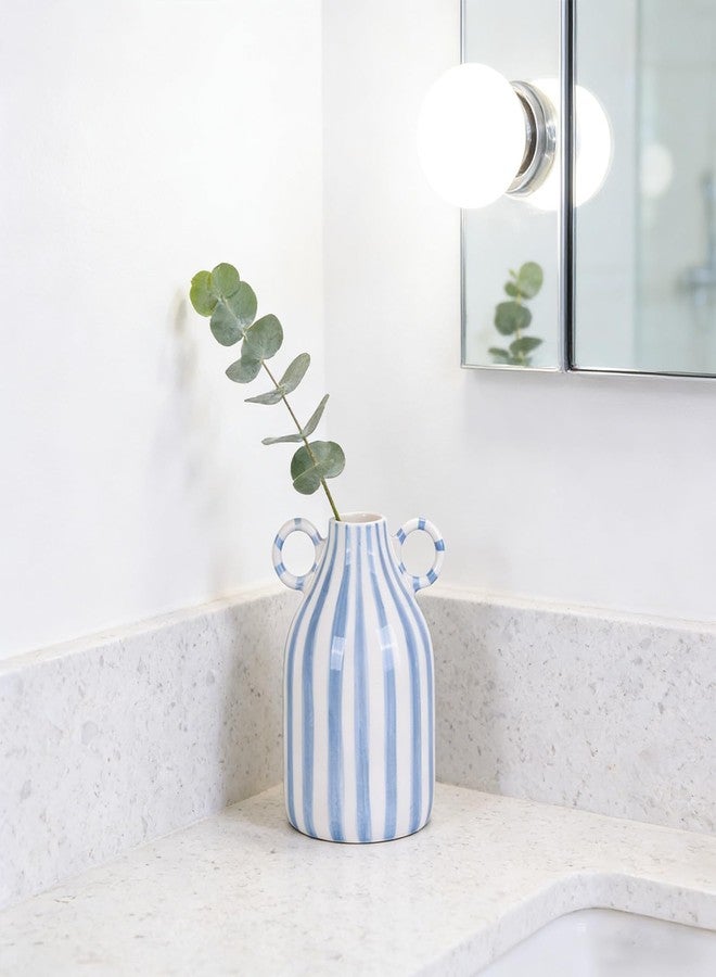 oliruim Ceramic Blue and White Striped Vase with Handle, Modern Minimalist Coastal Decor Home for Centerpieces for Tables, Kitchen Office, Bookshelf, Bedroom Aesthetic Decor (A) - Image 2