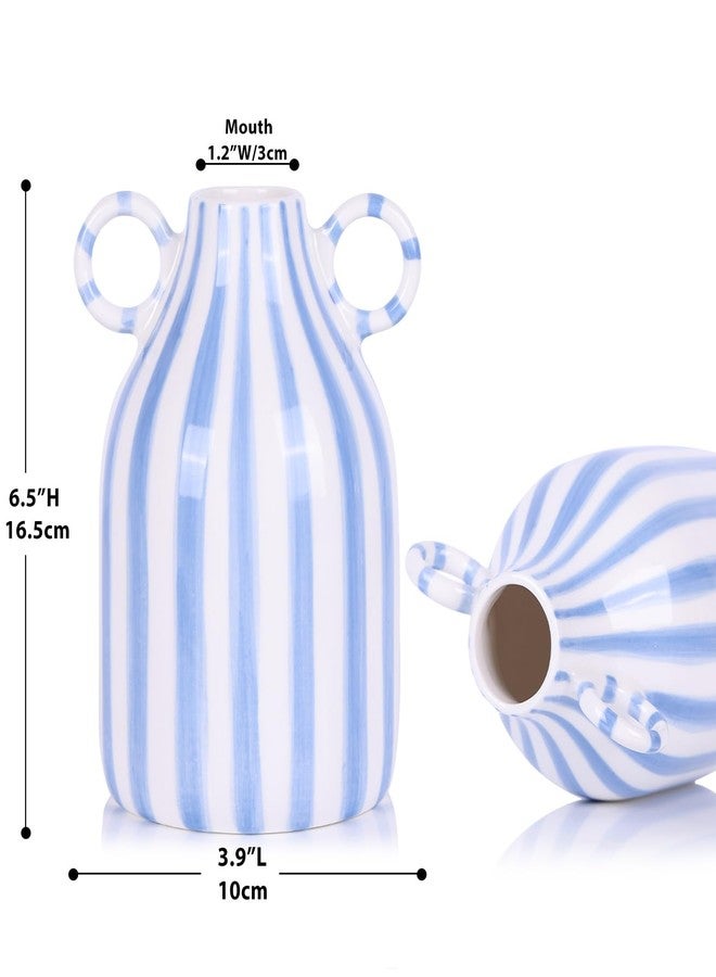 oliruim Ceramic Blue and White Striped Vase with Handle, Modern Minimalist Coastal Decor Home for Centerpieces for Tables, Kitchen Office, Bookshelf, Bedroom Aesthetic Decor (A) - Image 3