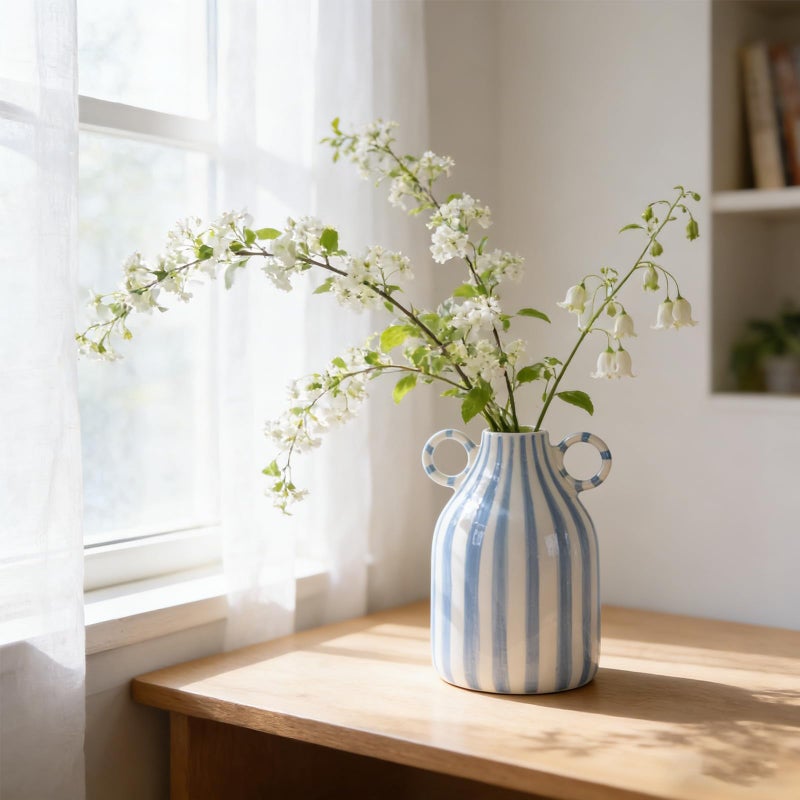 oliruim Ceramic Blue and White Striped Vase with Handle, Modern Minimalist Coastal Decor Home for Centerpieces for Tables, Kitchen Office, Bookshelf, Bedroom Aesthetic Decor (A) - Image 1
