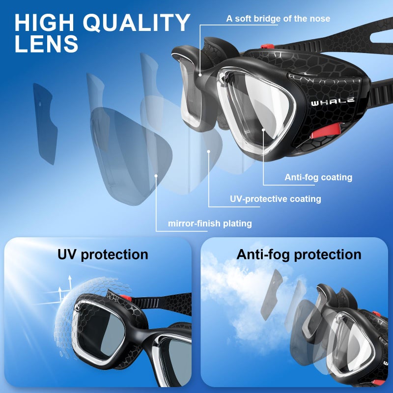 Whale Swim Goggles, HD Anti-Fog Goggles, Unisex | 100% UV Protection | Anti-Fog Design (Black) - Image 2