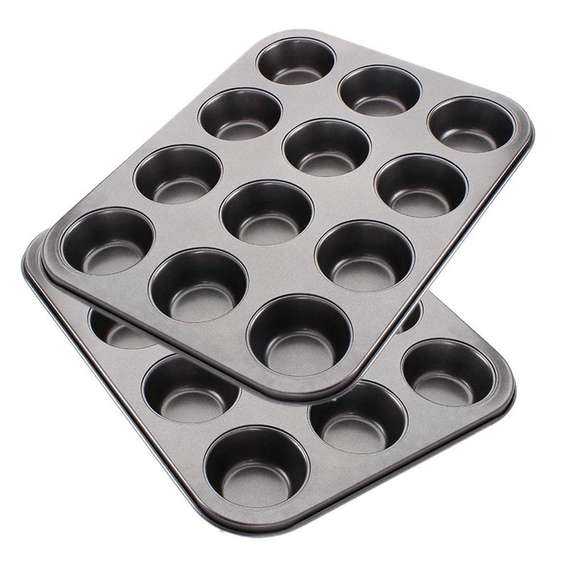 Tebery 2 Pack 12 Muffin Cake Pan Baking Tray Pudding Baking Pan Carbon Steel Muffin Cupcake Tin for Muffins Cupcakes Non Stick  63cm 355x265x27cm Black