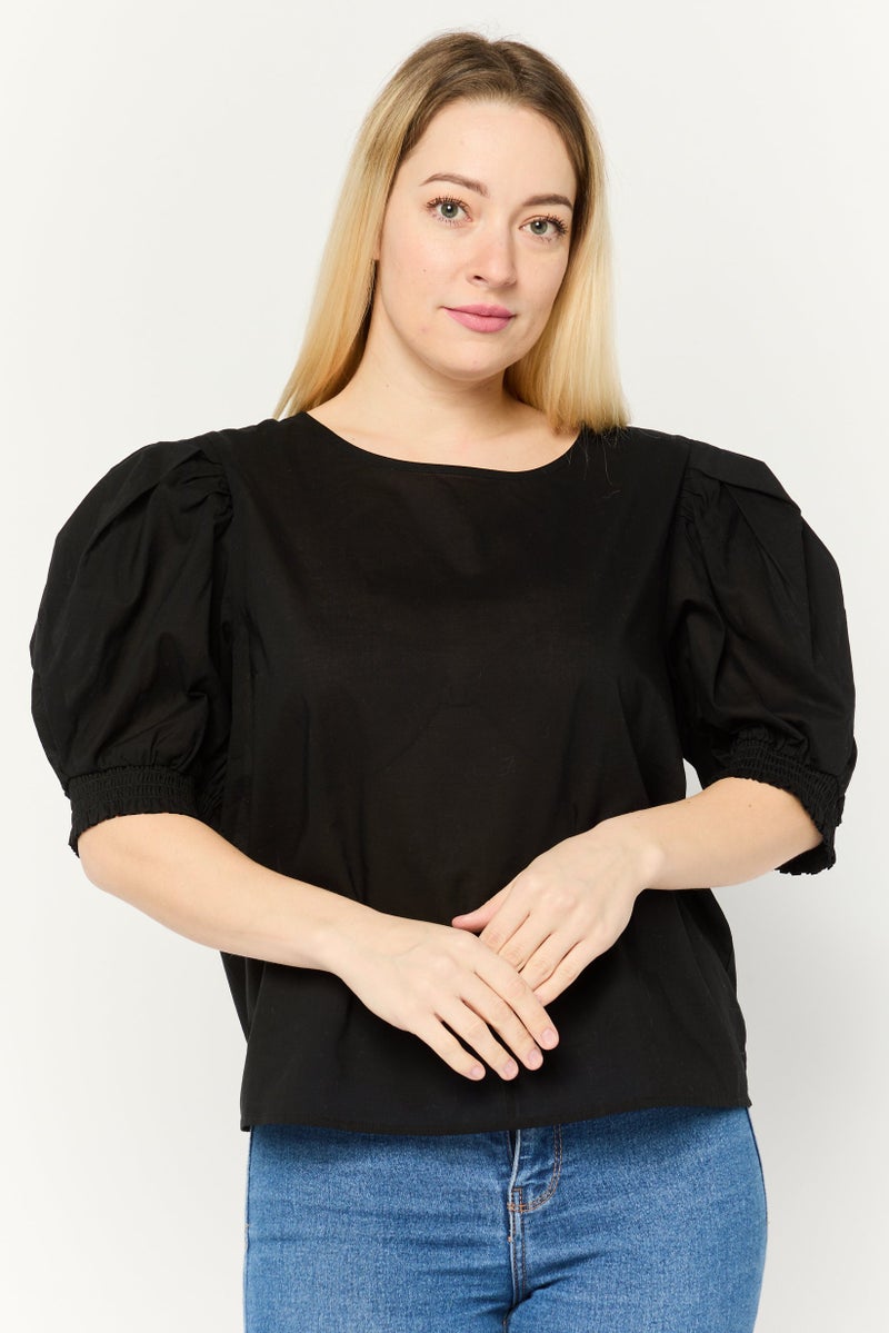 DKNY بلوزة نسائية بأكمام منتفخة وياقة دائرية، سوداء - Image 1