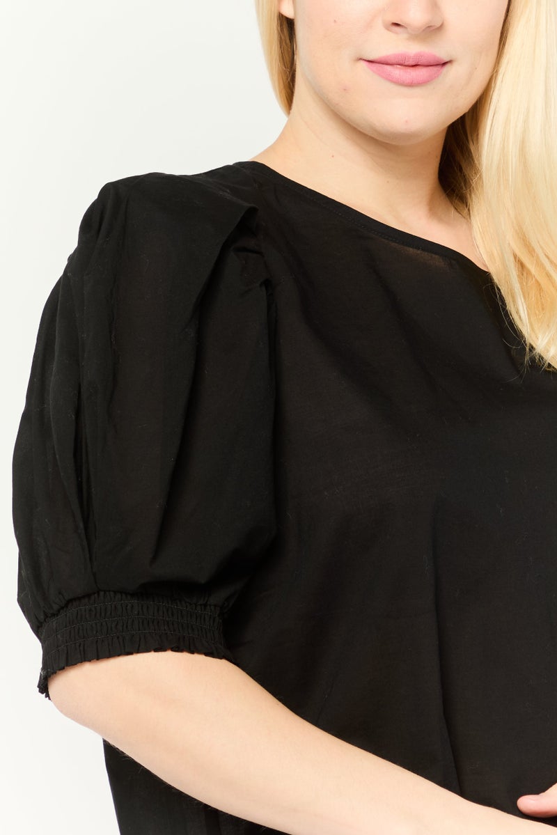 DKNY بلوزة نسائية بأكمام منتفخة وياقة دائرية، سوداء - Image 2