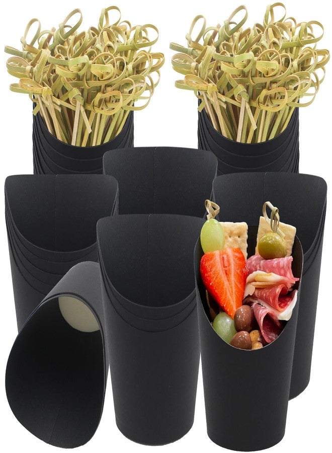 BLUETOP BLUE TOP[30 PCS Charcuterie Black Cups+100 PCS Babmoo knot Picks Value Set,14 OZ Black Appetizer Cups &4.7inch Bamboo Food skewers for Appetizers and Drinks For Valentine's Day - Image 1