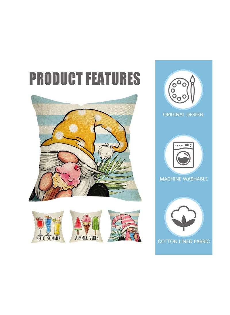 Summer Decorative Throw Pillow, Set of 4 Hello Summer Vibes Gnome, Cover 18 x 18 Ice Cream Popsicle Juice Porch Patio Outdoor Pillowcase, Stripes Seasonal Farmhouse Couch Cushion Case Home Decor  - Image 3