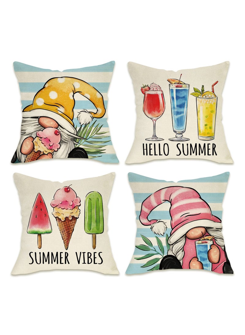 Summer Decorative Throw Pillow, Set of 4 Hello Summer Vibes Gnome, Cover 18 x 18 Ice Cream Popsicle Juice Porch Patio Outdoor Pillowcase, Stripes Seasonal Farmhouse Couch Cushion Case Home Decor  - Image 1
