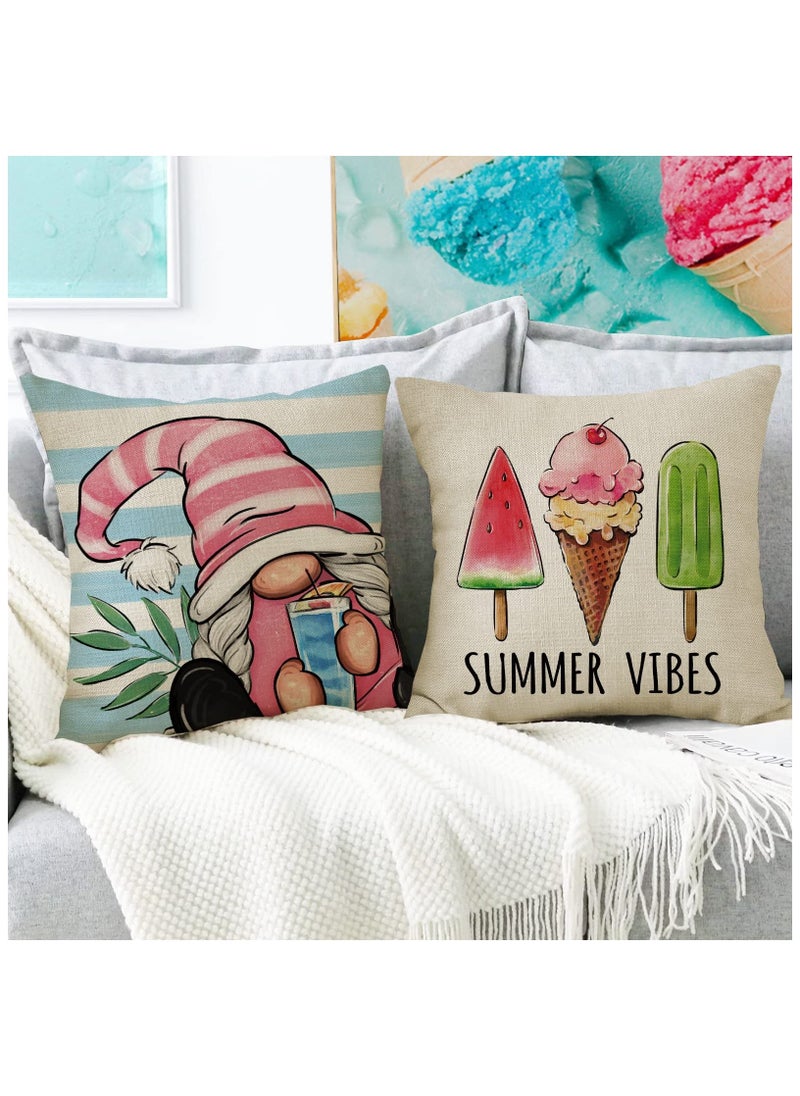 Summer Decorative Throw Pillow, Set of 4 Hello Summer Vibes Gnome, Cover 18 x 18 Ice Cream Popsicle Juice Porch Patio Outdoor Pillowcase, Stripes Seasonal Farmhouse Couch Cushion Case Home Decor  - Image 5