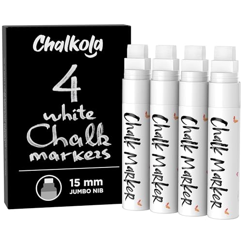 Chalkola White Jumbo Chalk Markers 15mm Window Markers Pack of 4 White Pens Use on Cars Chalkboard Whiteboard Blackboard Glass Bistro Loved by Teachers Artists Businesses - Image 1