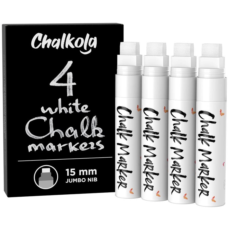 Chalkola White Jumbo Chalk Markers 15mm Window Markers Pack of 4 White Pens Use on Cars Chalkboard Whiteboard Blackboard Glass Bistro Loved by Teachers Artists Businesses - Image 2