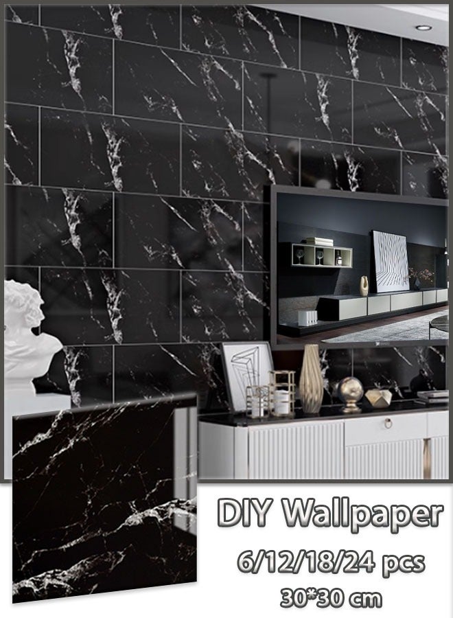 Self-Adhesive Wallpaper, Glossy Marble Pattern Wall Sticker, 6/12PCS Self-Adhesive Ease, Waterproof Wallpaper for for Ceiling, Partition, Curved Surfaces Indoor Use Moisture-Proof Sound Insulation Wallboard, Black - Image 1
