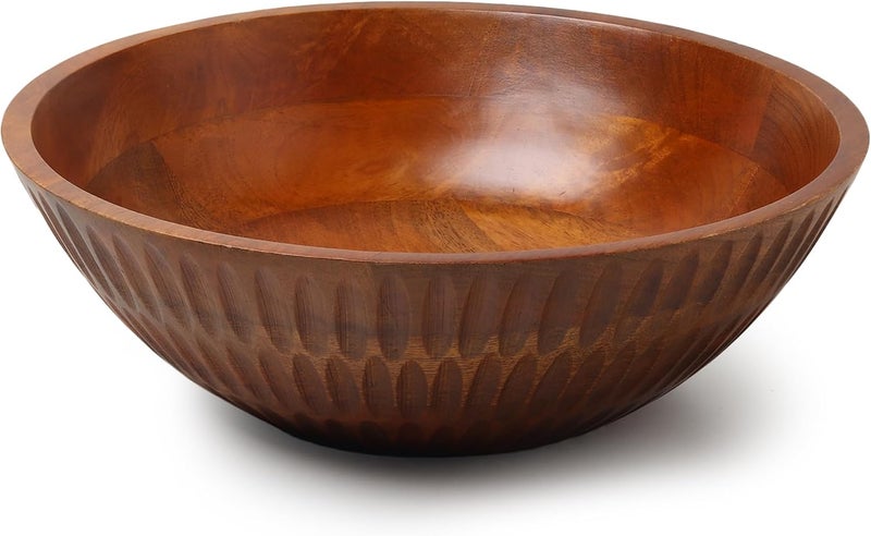 LAVAUK 12 x 4 Wood bowl with hand carved pattern | 4.3 quarts capacity | wooden bowl for food, serving salads, pasta, cereal or popcorn | kitchen counter centerpiece bowl for fruits | - Image 5