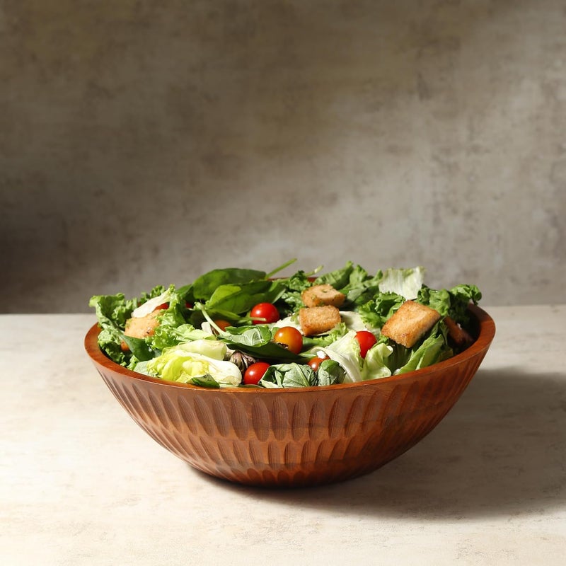 LAVAUK 12 x 4 Wood bowl with hand carved pattern | 4.3 quarts capacity | wooden bowl for food, serving salads, pasta, cereal or popcorn | kitchen counter centerpiece bowl for fruits | - Image 4