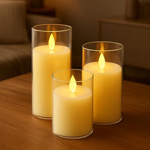 DECOVAA Flameless LED Pillar Candles Set of 3, Battery Operated Acrylic Glass Candles, Real Wax Look, Flickering LED Flame Light, Perfect for Home, Festive, Wedding, Diwali, and Party Decor - Image 1