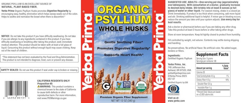 Yerba Prima Organic Psyllium Whole Husks 12 oz  Natural Dietary Fiber Supplement Non GMO Gluten Free Keto and Vegan Friendly for Regularity Support Unflavored - Image 5