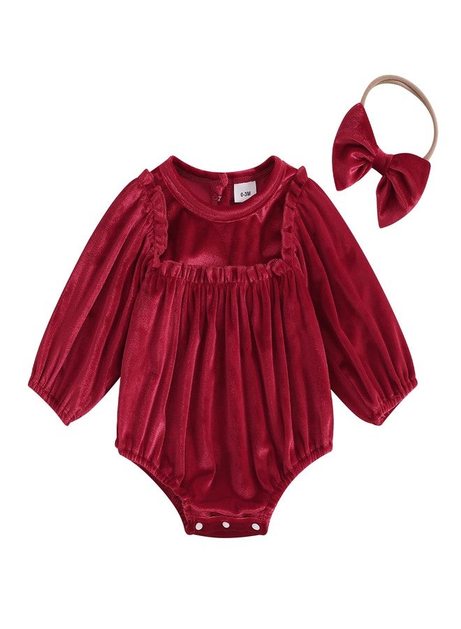 Thorn Tree Newborn Baby Girls Christmas Clothes Long Sleeve Velvet Ruffle Romper& Headband Fall Winter Outfits (Red, 0-3 Months) - Image 1