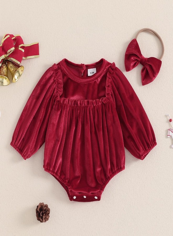 Thorn Tree Newborn Baby Girls Christmas Clothes Long Sleeve Velvet Ruffle Romper& Headband Fall Winter Outfits (Red, 0-3 Months) - Image 2