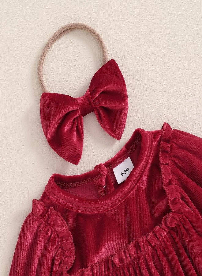Thorn Tree Newborn Baby Girls Christmas Clothes Long Sleeve Velvet Ruffle Romper& Headband Fall Winter Outfits (Red, 0-3 Months) - Image 3
