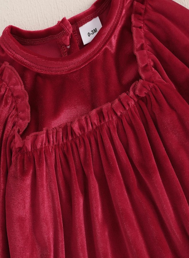 Thorn Tree Newborn Baby Girls Christmas Clothes Long Sleeve Velvet Ruffle Romper& Headband Fall Winter Outfits (Red, 0-3 Months) - Image 4