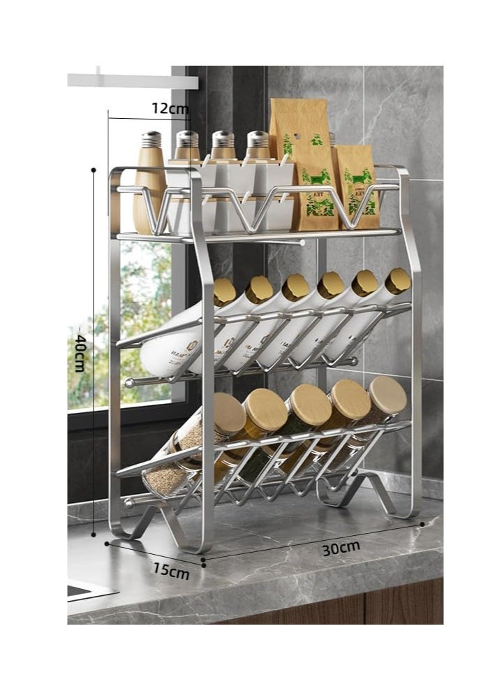 TYCOM Spice Rack Kitchen Shelf Organizer Countertop 3 Tier Large Standing Seasoning Rack for Storage Spice Kitchen Spice Organizer Spice Holder with Angled 3 Tier Silver.  - Image 2