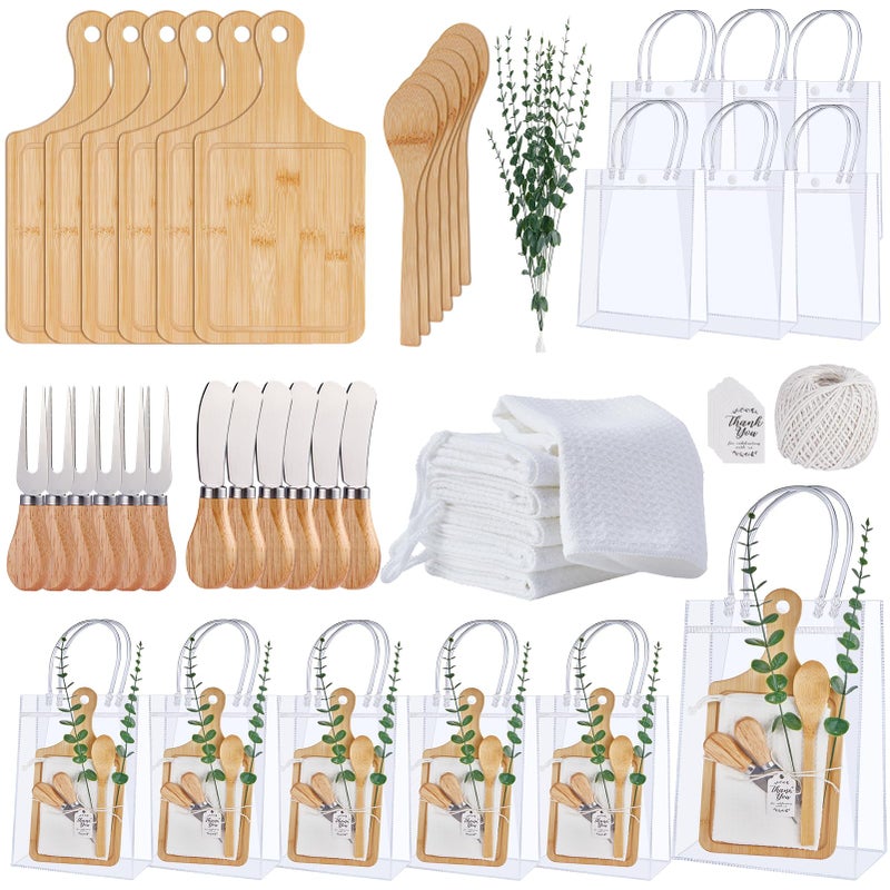 Rigibright 55Pcs Baby Shower Prizes for Game Winners 6 Sets Bamboo Cheese Board Spoon Fork Butter Spreaders Plaid Towel Thank You Card and Gift Bags for Baby Shower Wedding Bridal Shower Favors - Image 1