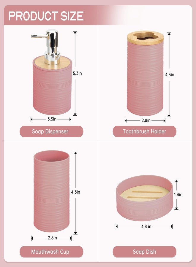 RRM 4 Pieces Bamboo Bathroom Accessories Set, Bathroom Accessory Set with Soap Dispenser and Toothbrush Holder, Soap Dish and Toothbrush Cup, Boho Bathroom Decor(LightPink) - Image 2
