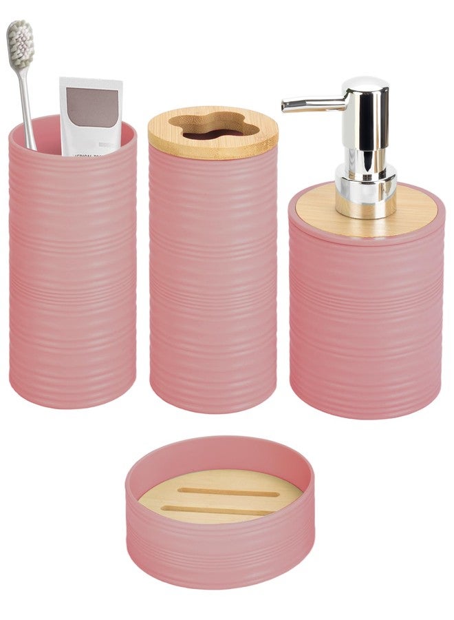RRM 4 Pieces Bamboo Bathroom Accessories Set, Bathroom Accessory Set with Soap Dispenser and Toothbrush Holder, Soap Dish and Toothbrush Cup, Boho Bathroom Decor(LightPink) - Image 1