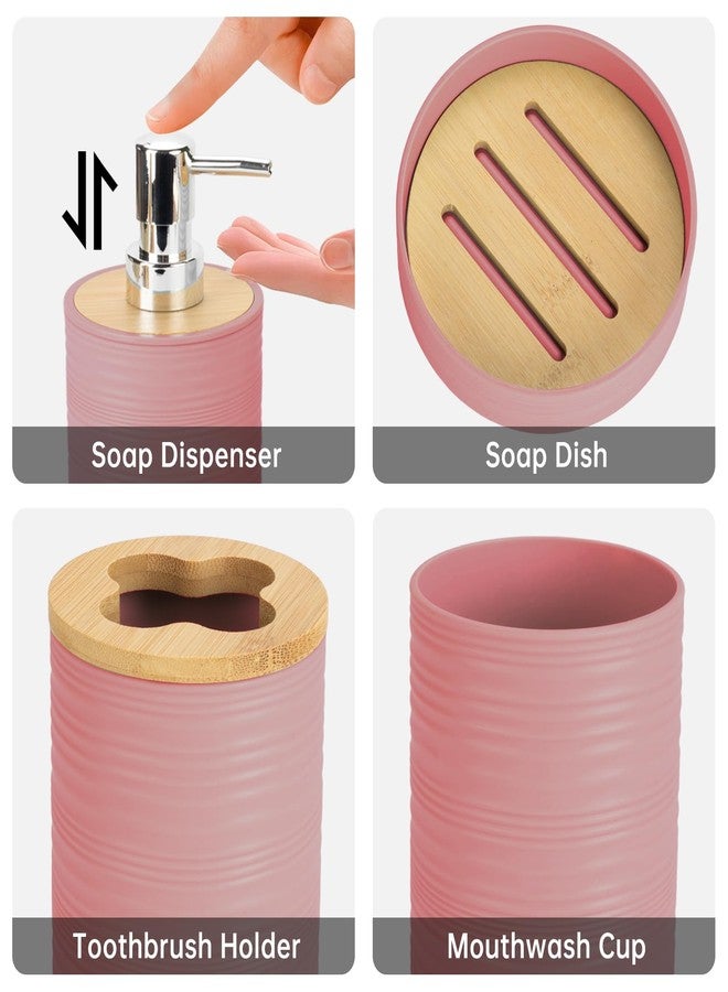 RRM 4 Pieces Bamboo Bathroom Accessories Set, Bathroom Accessory Set with Soap Dispenser and Toothbrush Holder, Soap Dish and Toothbrush Cup, Boho Bathroom Decor(LightPink) - Image 3