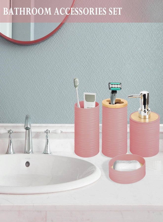 RRM 4 Pieces Bamboo Bathroom Accessories Set, Bathroom Accessory Set with Soap Dispenser and Toothbrush Holder, Soap Dish and Toothbrush Cup, Boho Bathroom Decor(LightPink) - Image 5