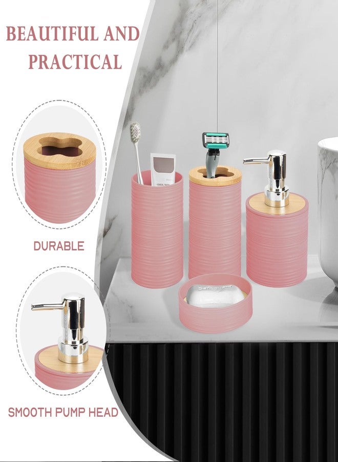 RRM 4 Pieces Bamboo Bathroom Accessories Set, Bathroom Accessory Set with Soap Dispenser and Toothbrush Holder, Soap Dish and Toothbrush Cup, Boho Bathroom Decor(LightPink) - Image 4