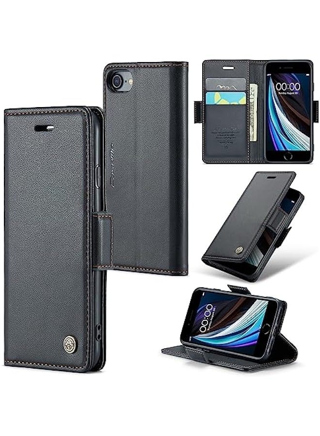 RFID Blocking Case with Card Holder for iPhone 6\/7\/8\/SE2\/SE3 - Durable Leather Flip Case, Kickstand, Magnetic Closure, Shockproof - Black - Image 1