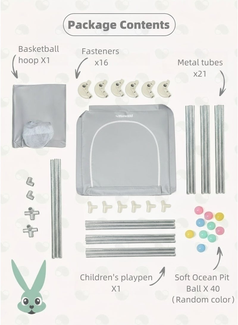 ساحة لعب للأطفال مع 40 كرة بحرية، قفص لعب قابل للطي مزود بحلقة كرة سلة، مناسب للداخل والخارج، مركز لعب آمن للرضع والأطفال الصغار - Image 4